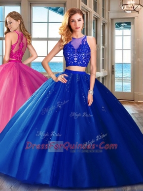 Royal Blue Zipper Scoop Appliques Quinceanera Dress Tulle Sleeveless