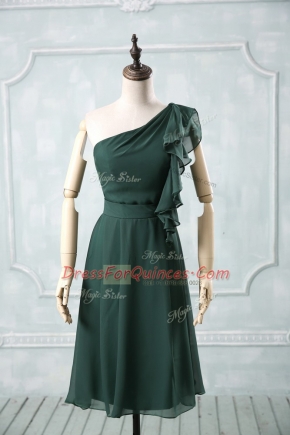 Flirting Knee Length Peacock Green Dress for Prom One Shoulder Sleeveless Zipper