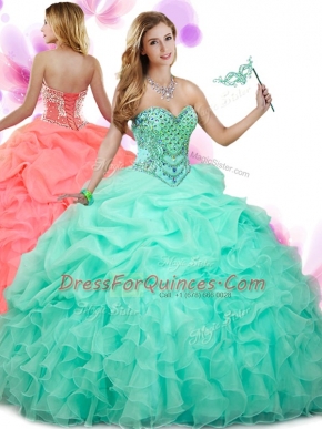 Organza Sleeveless Floor Length Quince Ball Gowns and Beading and Ruffles and Pick Ups