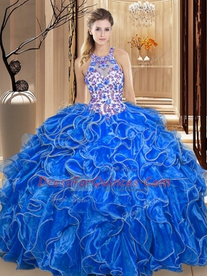 Royal Blue Scoop Neckline Embroidery and Ruffles Sweet 16 Dress Sleeveless Backless