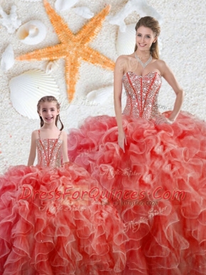 Affordable Coral Red Sleeveless Beading and Ruffles Floor Length Sweet 16 Quinceanera Dress