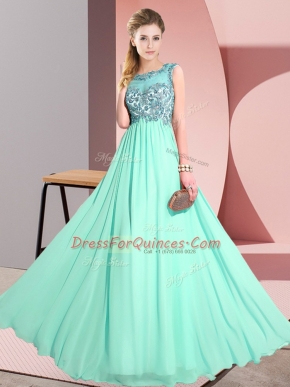 Scoop Sleeveless Vestidos de Damas Floor Length Beading and Appliques Apple Green Chiffon
