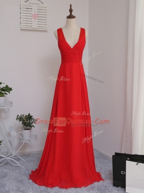 Red Empire Chiffon V-neck Sleeveless Ruching Floor Length Zipper Quinceanera Court Dresses