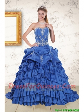 Modern Royal Blue Appliques and Pick Ups Quinceanera Dresses with Brush Train