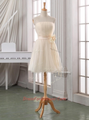White and Champagne A-line Belt and Hand Made Flower Prom Dresses Zipper Tulle Sleeveless Knee Length