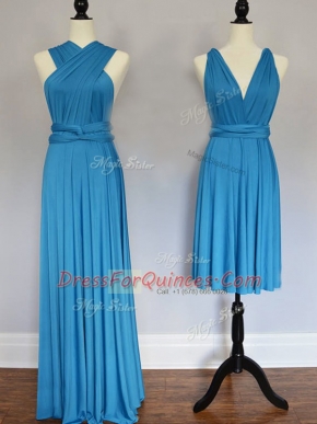Baby Blue Empire Ruching Quinceanera Court of Honor Dress Lace Up Chiffon Sleeveless Floor Length