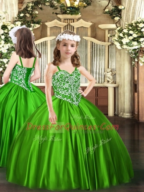 Green Lace Up Straps Beading Little Girls Pageant Dress Satin Sleeveless