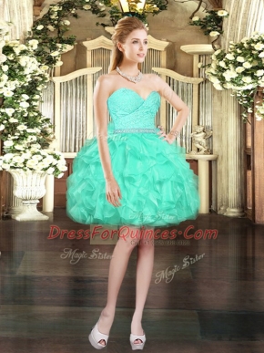 Vintage Aqua Blue A-line Beading and Lace and Ruffles Dress for Prom Lace Up Organza Sleeveless Mini Length