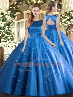 On Sale Baby Blue Sleeveless Tulle Lace Up Quinceanera Dresses for Military Ball and Sweet 16 and Quinceanera