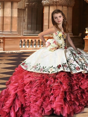 Fashionable Organza Sleeveless Child Pageant Dress Brush Train and Embroidery and Ruffles