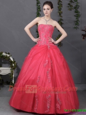 Best Coral Red Strapless Sweet 16 Dress with Ruching and Appliques