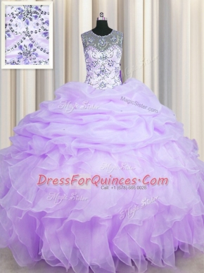 Beautiful Scoop See Through Lavender Sleeveless Organza Lace Up Quince Ball Gowns for Military Ball and Sweet 16 and Quinceanera
