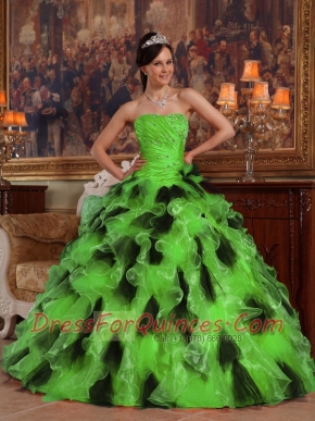 Green and Black Organza Ball Gown Strapless Floor-length 2014 Spring Quinceanera Dresses