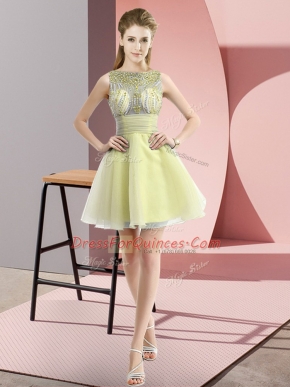 Yellow Zipper Prom Evening Gown Beading and Bowknot Sleeveless Mini Length