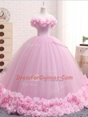 Delicate Baby Pink Sleeveless Tulle Brush Train Lace Up Sweet 16 Dresses for Military Ball and Sweet 16 and Quinceanera