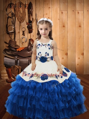 Blue Organza Lace Up Little Girls Pageant Dress Wholesale Sleeveless Floor Length Embroidery and Ruffles