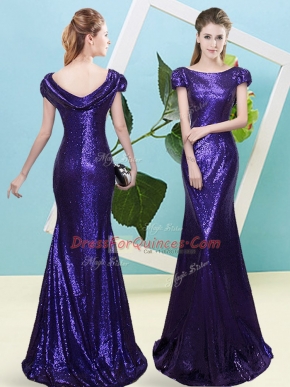 Scoop Cap Sleeves Sequined Prom Dresses Sequins Zipper