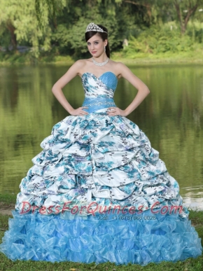 Colorful New Styles Printing and Organza With Pick-ups and Ruffles For 2013 Quinceanera Dress