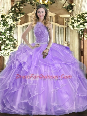 Flirting Lavender High-neck Neckline Beading and Ruffles Ball Gown Prom Dress Sleeveless Lace Up