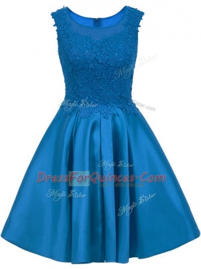 Sumptuous Satin Scoop Sleeveless Zipper Lace Quinceanera Dama Dress in Blue