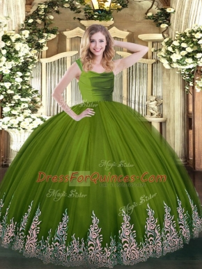 Elegant Sleeveless Tulle Floor Length Zipper Sweet 16 Dresses in Olive Green with Lace and Appliques