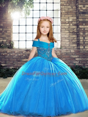 Baby Blue Girls Pageant Dresses Brush Train Sleeveless Beading