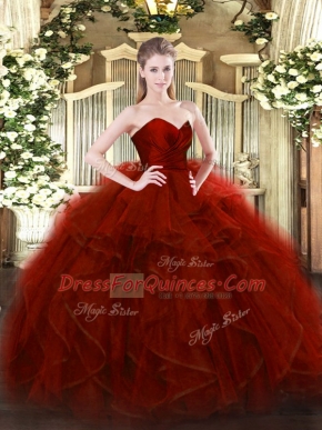 Modern Floor Length Zipper Quinceanera Gowns Wine Red for Military Ball and Sweet 16 and Quinceanera with Ruffles