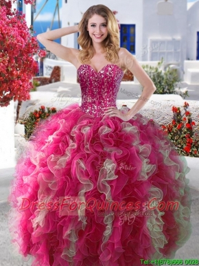Visible Boning Beaded and Ruffled Quinceanera Dress in Hot Pink
