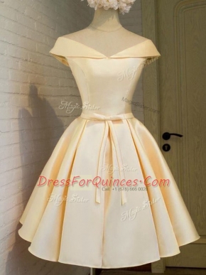 Modern Champagne A-line Taffeta Off The Shoulder Cap Sleeves Belt Knee Length Lace Up Quinceanera Dama Dress