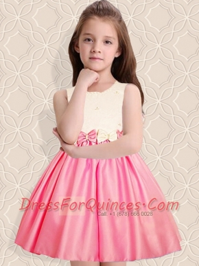 Elegant A-Line Scoop Mini-length Bowknot White and Pink Flower Girl Dress