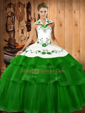 Wonderful Green Ball Gowns Organza Halter Top Sleeveless Embroidery and Ruffled Layers Lace Up Sweet 16 Dresses Sweep Train