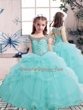 Adorable Sleeveless Tulle Floor Length Lace Up Little Girl Pageant Dress in Aqua Blue with Beading