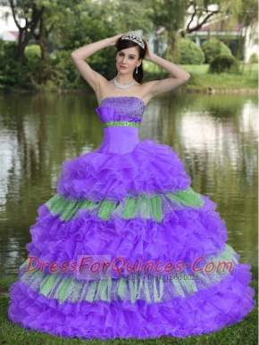 Elegant Beaded Decorate Bust Sequins Organza Multi-color Strapless Tiered Sweet Quinceanera Dress