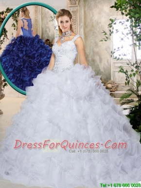 2016 Elegant Brush Train Straps Quinceanera Dresses with Beading and Ruffles