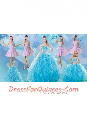 Baby Blue Ball Gown Ruffles Quinceanera Dress and Lilac Short Dama Dresses and Applique and Ruffles Little Girl Dress