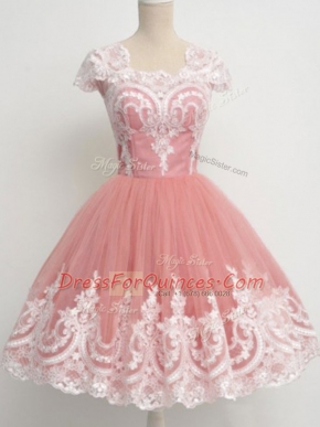 Square Cap Sleeves Zipper Quinceanera Court of Honor Dress Peach Tulle