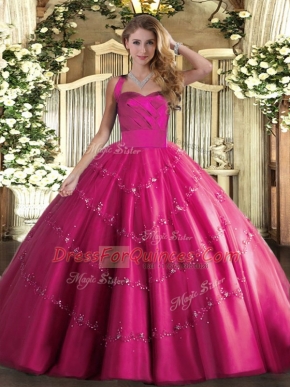 Hot Pink Ball Gowns Halter Top Sleeveless Tulle Floor Length Lace Up Appliques Quince Ball Gowns