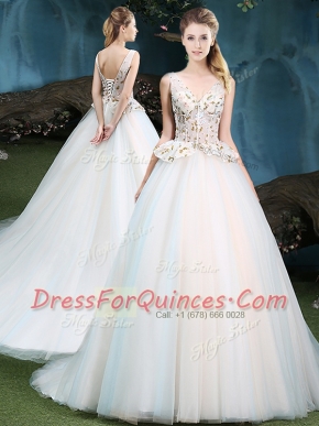 With Train White 15th Birthday Dress V-neck Sleeveless Brush Train Lace Up