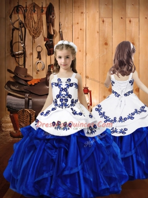Floor Length Royal Blue Little Girl Pageant Dress Straps Sleeveless Lace Up