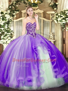 Fine Lavender Lace Up Sweetheart Beading and Ruffles Quinceanera Dress Tulle Sleeveless