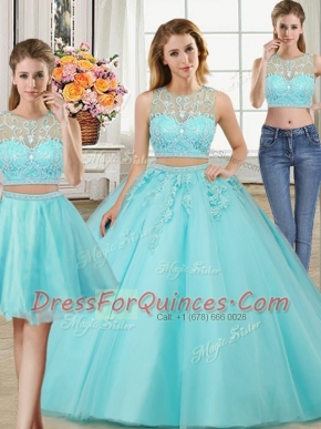 Superior Three Piece Tulle Scoop Sleeveless Zipper Beading and Appliques Sweet 16 Quinceanera Dress in Aqua Blue