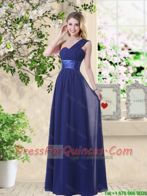 Cheap One Shoulder Floor Length Junior Dresses in Navy Blue