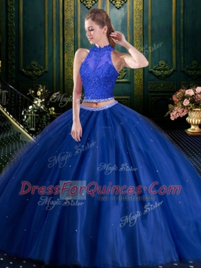 Dramatic Floor Length Navy Blue Quince Ball Gowns Tulle Sleeveless Beading and Lace