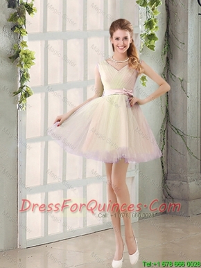 2016 Fall V Neck Strapless Prom Dresses with Bowknot