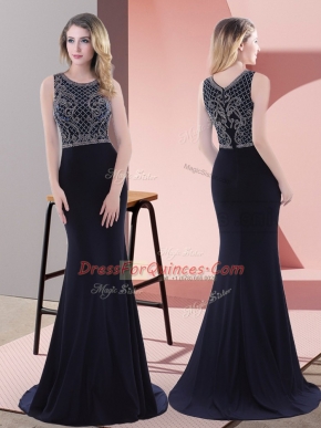 Extravagant Sleeveless Beading and Lace Zipper Prom Gown with Navy Blue Sweep Train