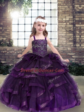 Purple Lace Up Straps Beading and Ruffles Little Girls Pageant Dress Wholesale Tulle Sleeveless