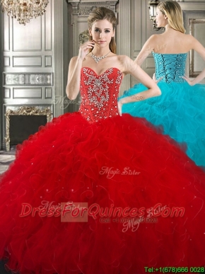 New Style Red Tulle Sweet 16 Dress with Beading and Ruffles