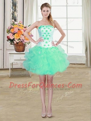 Fitting Strapless Sleeveless Lace Up Prom Evening Gown Turquoise Organza