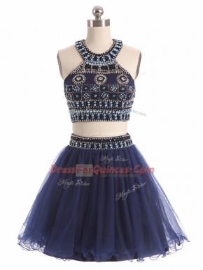 Navy Blue Zipper Beading Sleeveless Mini Length