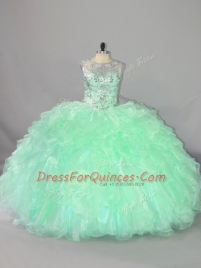 Apple Green Ball Gowns Beading and Ruffles Sweet 16 Dresses Lace Up Organza Sleeveless Floor Length